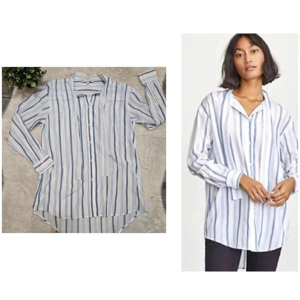 Elizabeth and James Blue and White Striped Tie Neck Button Up Blouse, Medium